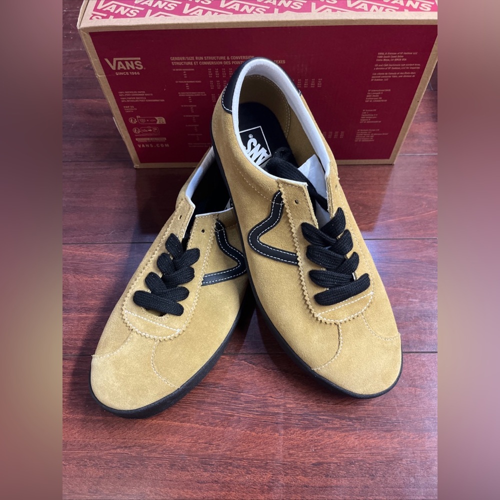 Mens 11.5 Vans Sport Low Top Suede Antelope Brown Black Skate Shoe New HALF BOX